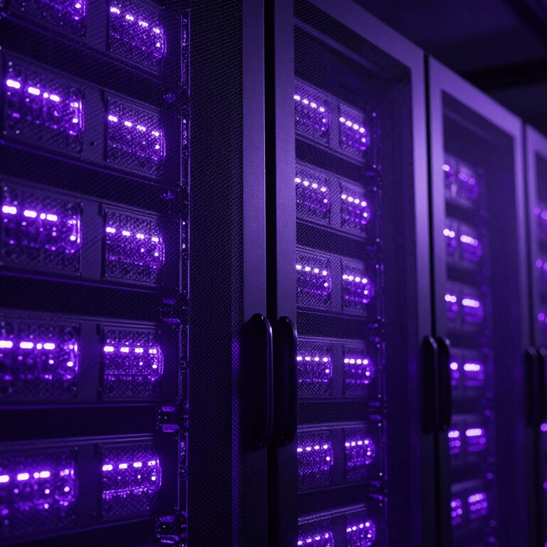 A modern server rack glowing with deep navy and electric purple status lights in a dark room.