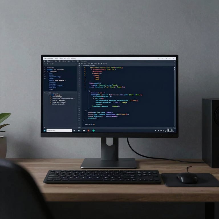 A minimalist office workspace with a single monitor showing complex code, surrounded by deep navy shadows.