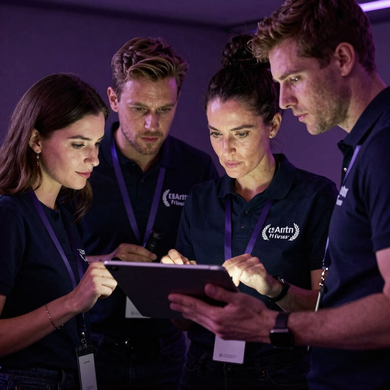 A professional team collaborating around a tablet in a low-light setting with sophisticated purple accents.