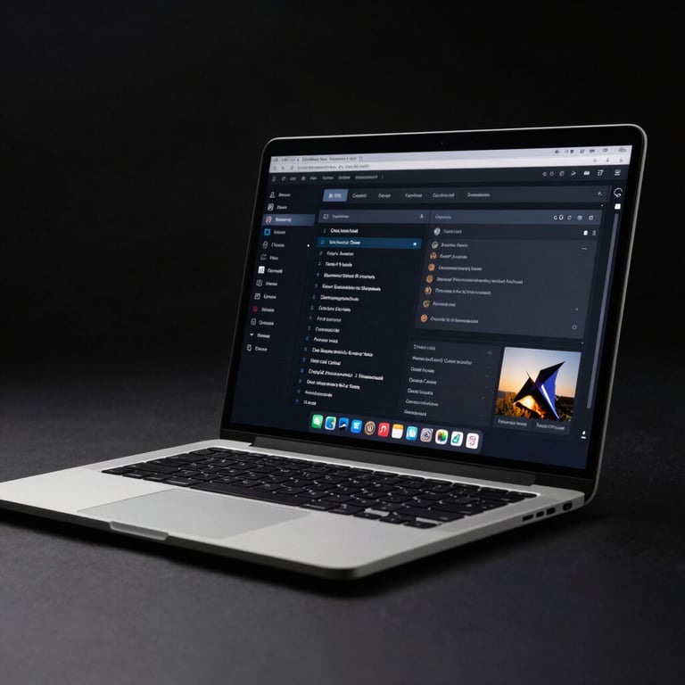 A high-contrast photo of a sleek laptop displaying a dark-themed user interface in a professional studio.