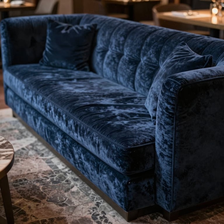 Sophisticated lounge area for a luxury reception with slate navy velvet seating.