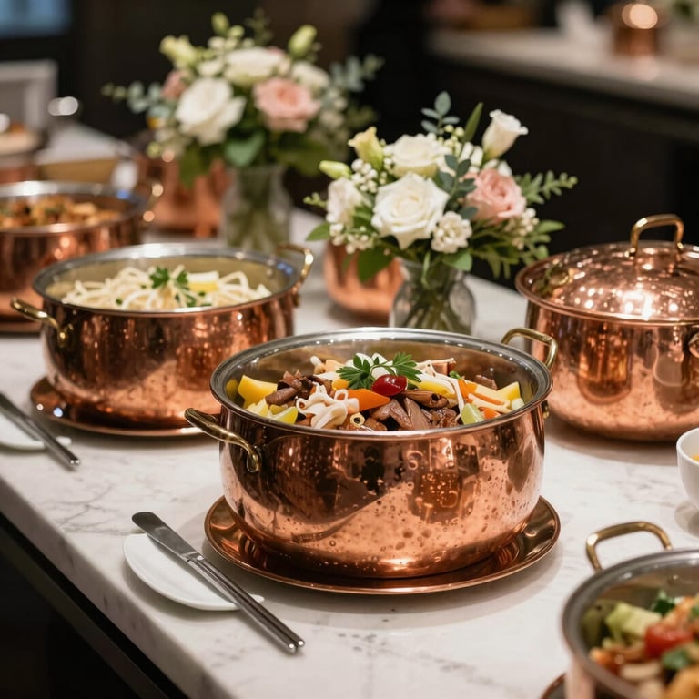 High-end buffet setup with premium copper dishes and elegant floral garnishes.