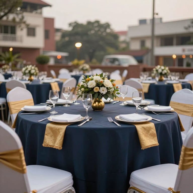 Corporate banquet setup in Bokaro, slate navy and gold themes, Indian city setting.