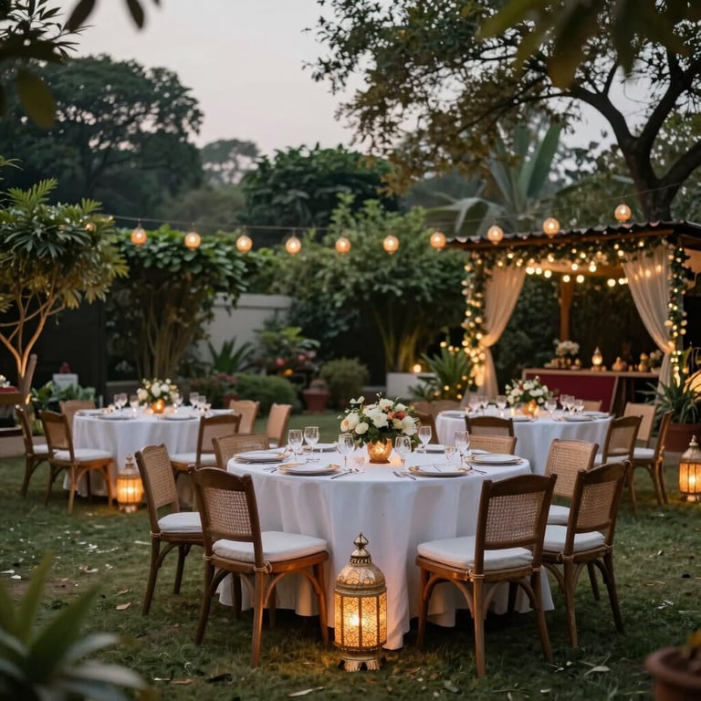 Outdoor garden celebration in Jharkhand with elegant seating and Indian lanterns.
