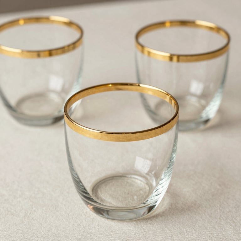 Close-up of gold-rimmed glassware on an off-white linen table for a luxury dinner.