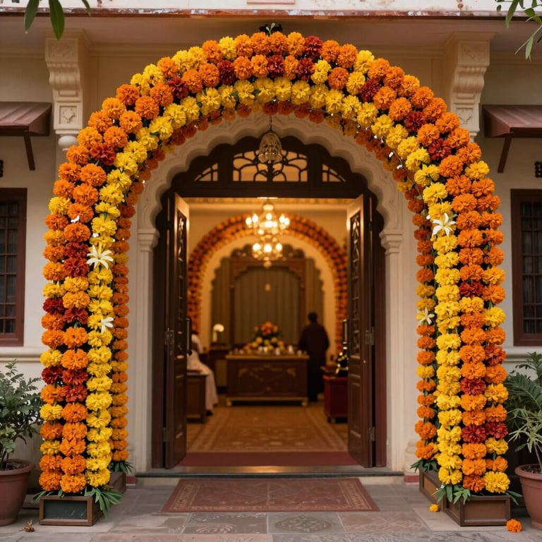 Grand entrance at an Indian venue with marigold arches and soft warm lighting.