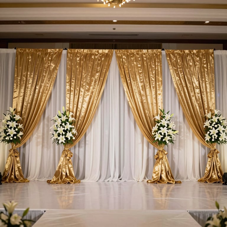 South Asian wedding stage with champagne gold drapes and white lilies in a grand hall.