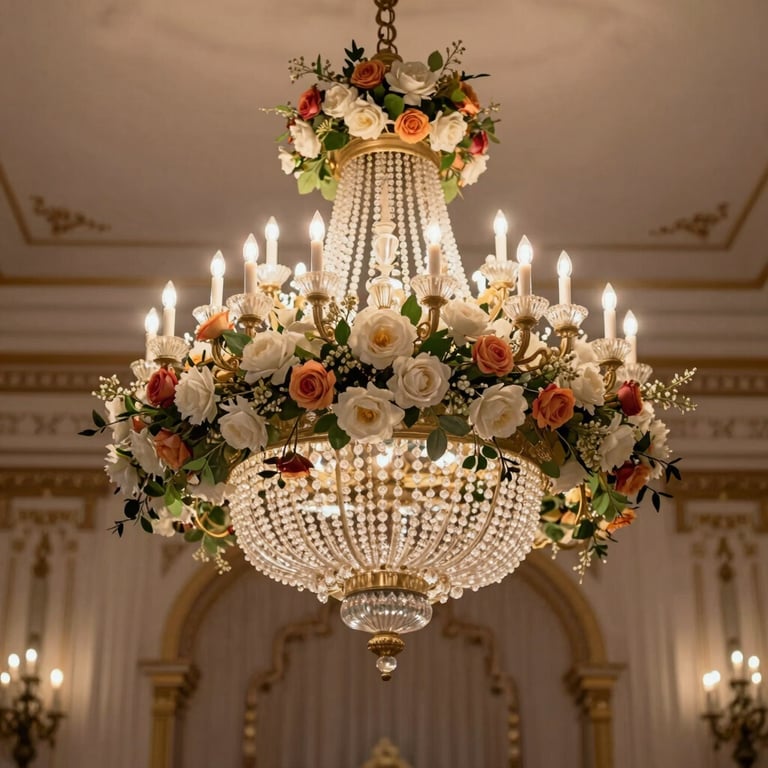 Large scale floral chandelier centerpiece in a grand South Asian ballroom.
