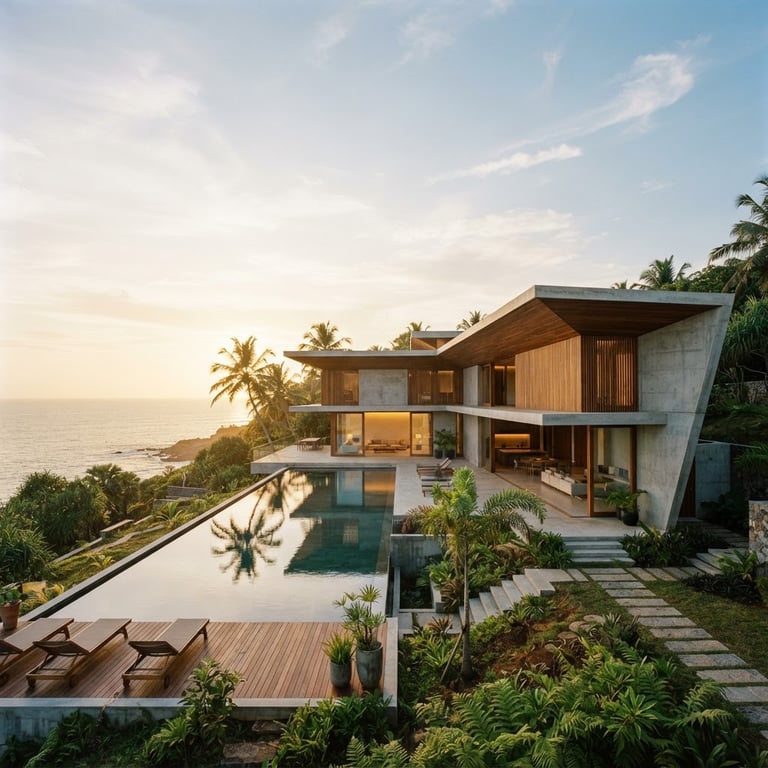 Wide architectural shot of a modern luxury villa in Sri Lanka, geometric lines, polished concrete, teak accents, soft golden hour light, expansive sky, minimalist, medium-format film.