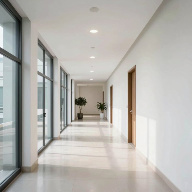 A bright and airy corporate hallway in a Brazilian business center with clean architectural lines.