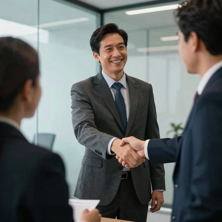 A South American professional shaking hands during a successful interview in a modern office with light blue glass walls.