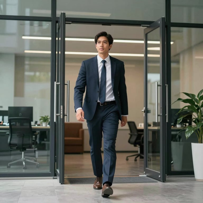 A confident person walking into a modern office building, representing career growth and new beginnings.