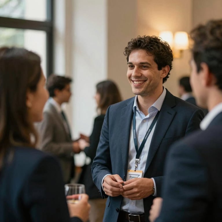 Soft-focus shot of a professional networking event in a South American urban setting with warm lighting.