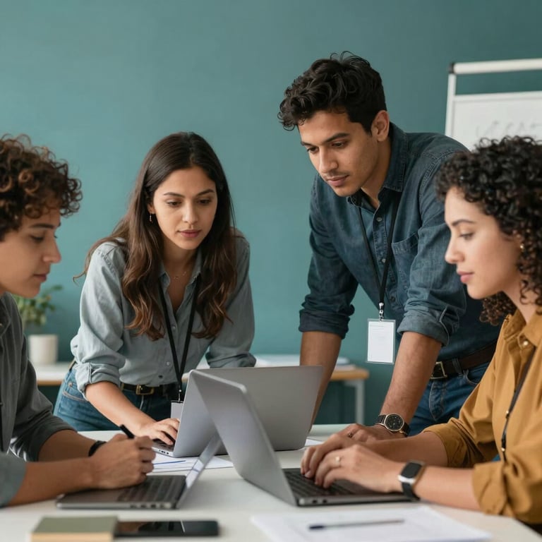 A team of diverse South American professionals collaborating in a workspace with medium teal decor.