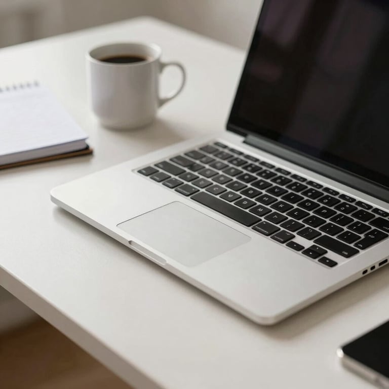 Close-up of a professional desk with a laptop, notebook, and a coffee mug in an off-white minimalist setting.
