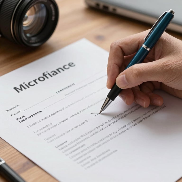 Close-up of a microfinance loan agreement being signed on a wooden desk with a dark teal pen.