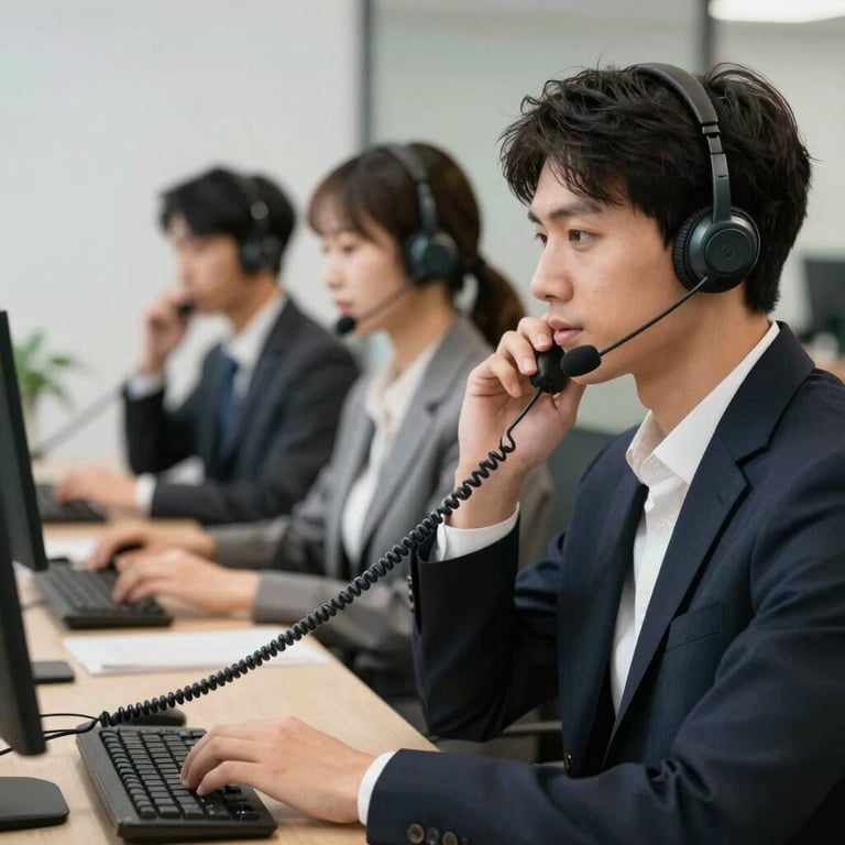 A 24/7 helpdesk team member in professional attire providing support over the phone in a modern office.