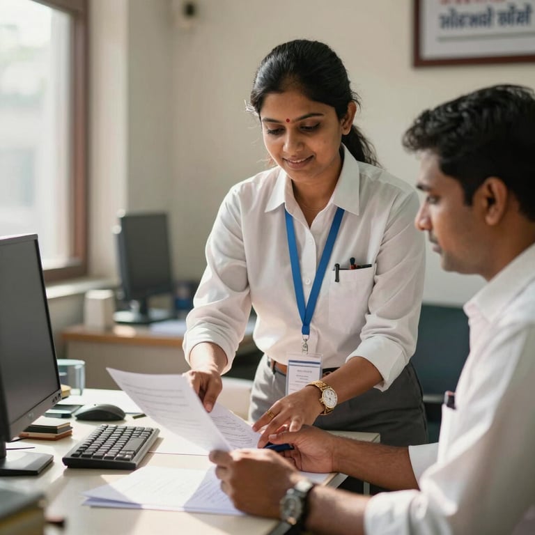 A smart South Asian / Indian bank staff member helping a rural entrepreneur with paperwork in a sunlit Varanasi office.