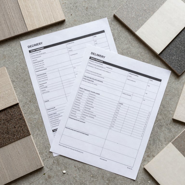 Overhead flat-lay of printed spec sheets and a delivery manifest spread on a concrete surface, construction material samples arranged at the edges, bright even lighting, no text legible