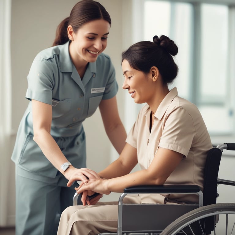 A caring support worker assisting an elderly client with daily activities in a cozy home setting.