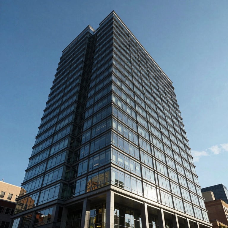 Low angle shot of the Valley Bridge headquarters, a modern glass and steel building in a North American city under a clear blue sky.