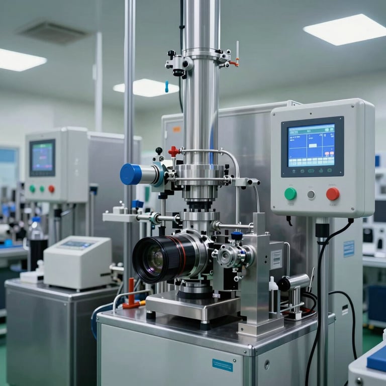 A modern pharmaceutical manufacturing line with sterile equipment and digital control panels in a North American facility.