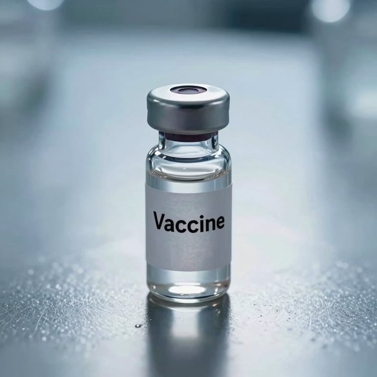 Macro photography of a clear vaccine vial resting on a polished metal surface with light blue reflections.