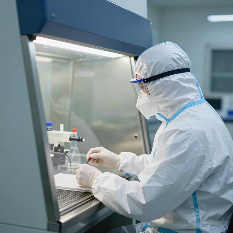 A scientist in protective gear working inside a biological safety cabinet, cool blue and white tones.