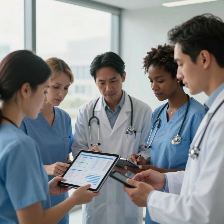 A diverse group of healthcare professionals in a North American corporate office reviewing data charts on a tablet, professional attire, soft daylight from a window.