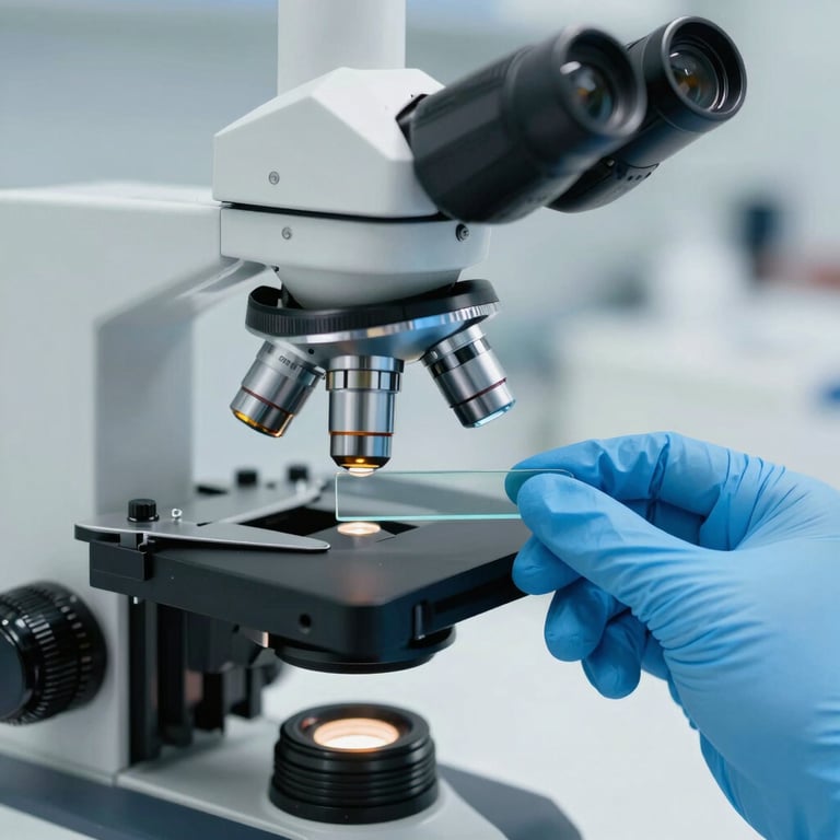 Close-up of a human hand in a blue nitrile glove holding a glass slide under a professional microscope in a bright lab.