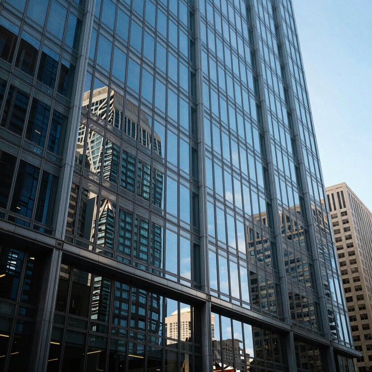 A detailed shot of modern glass architecture reflecting a blue sky in a US business district.