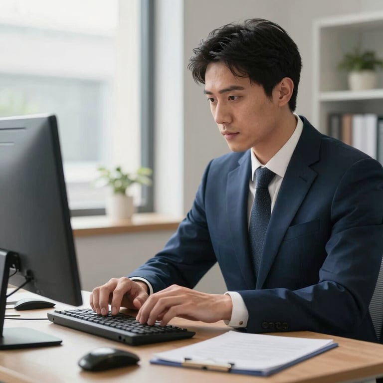 A focused professional in a navy suit working in a bright, modern workspace, North American / US.