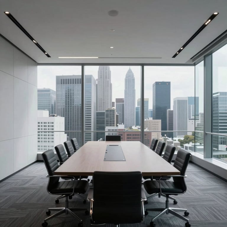A minimalist, high-end meeting room overlooking a financial district, conveying transparency and innovation.