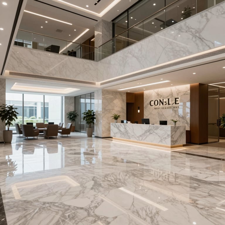 A sleek, professional office lobby with marble floors and modern lighting, reflecting financial prestige, North American / US.