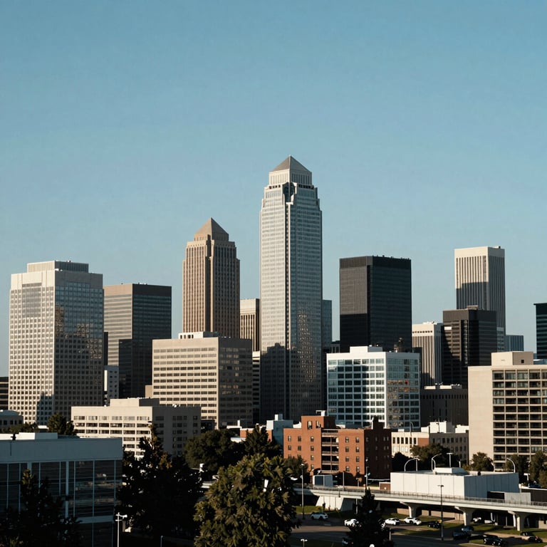 A wide shot of the Spokane city skyline during a clear day, emphasizing stability and growth, North American / US. Palette: Dark Blue and Off-White.