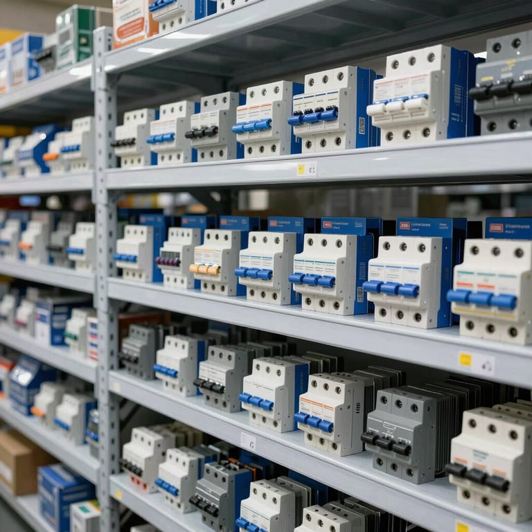 A bright, organized warehouse shelf stocked with various electrical components like circuit breakers and motor starters in blue packaging.