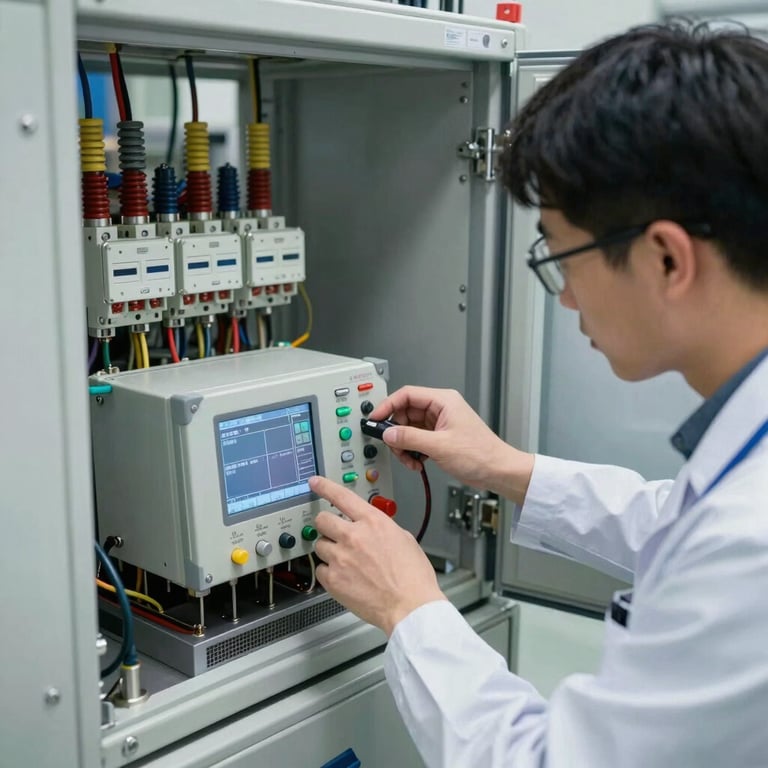 An electrical engineer using digital testing equipment on a high-voltage circuit breaker inside a modern substation.