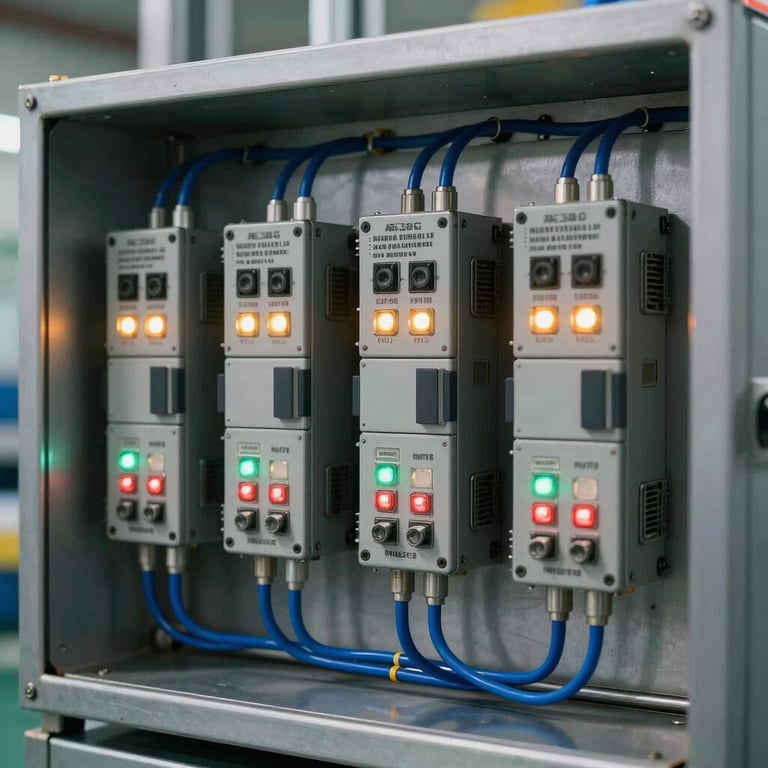 A series of industrial PLC controllers mounted in a clean metal enclosure with glowing status LEDs and blue wiring in a North American factory.