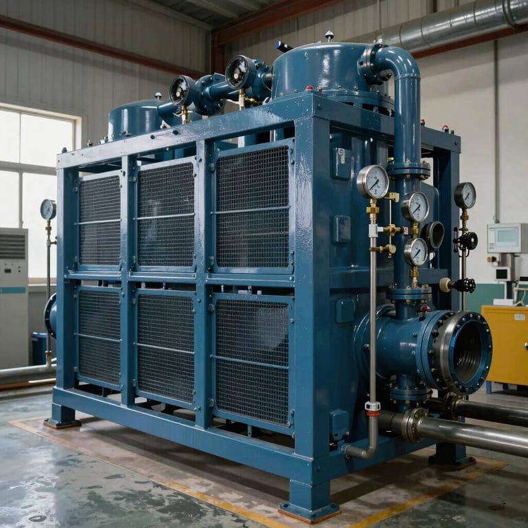 A large industrial water chiller unit in a mechanical room with pipes painted in dark blue and high-precision pressure gauges.