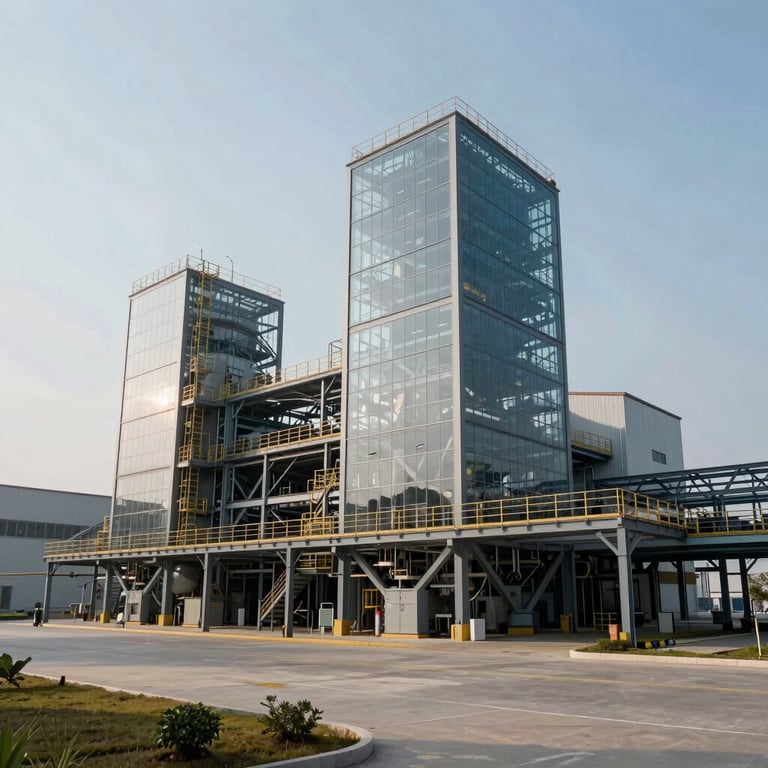 The exterior of a modern, large-scale industrial manufacturing plant under a clear sky, featuring professional steel and glass architecture.