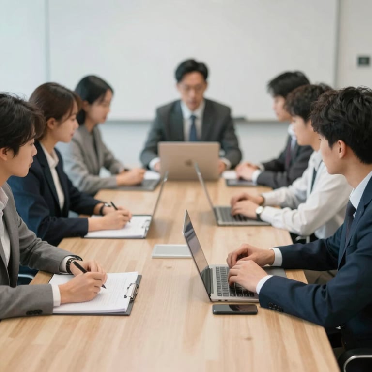 A blurred, high-energy team meeting in a professional American workspace, conveying a sense of teamwork and rapid movement.