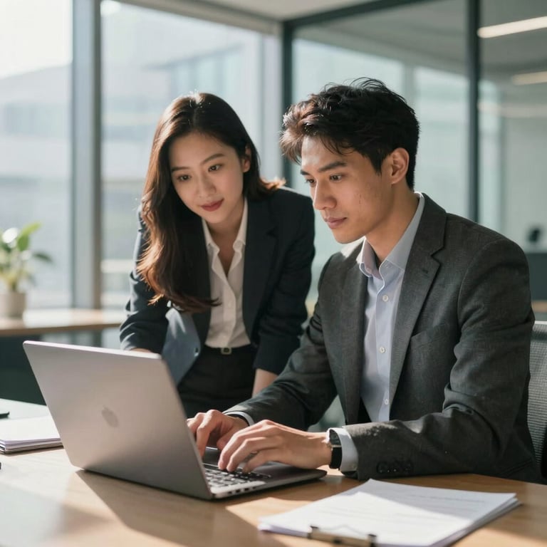 Two professional recruiters collaborating over a laptop in a sun-drenched, high-tech glass office space, looking confident and productive.