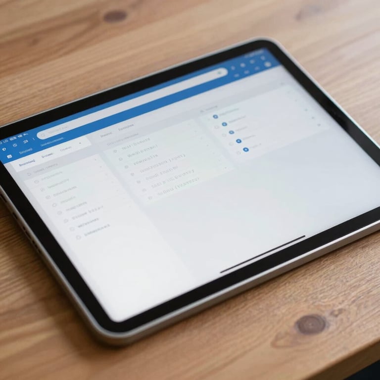 Close-up of a high-resolution tablet showing a simplified, professional data interface on a clean wooden desk with deep blue design details.