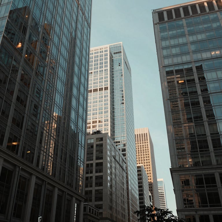 A dynamic urban business district in North America during the day, showing glass office towers that represent a fast-paced professional world.