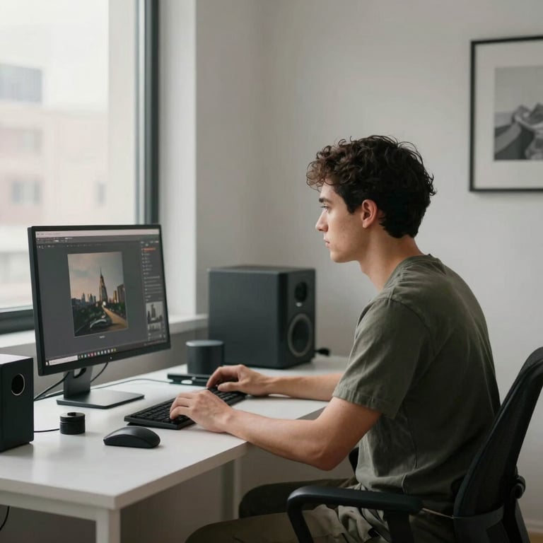 An individual working in a high-end, minimalist home office in a US city, using modern hardware in a clutter-free environment.