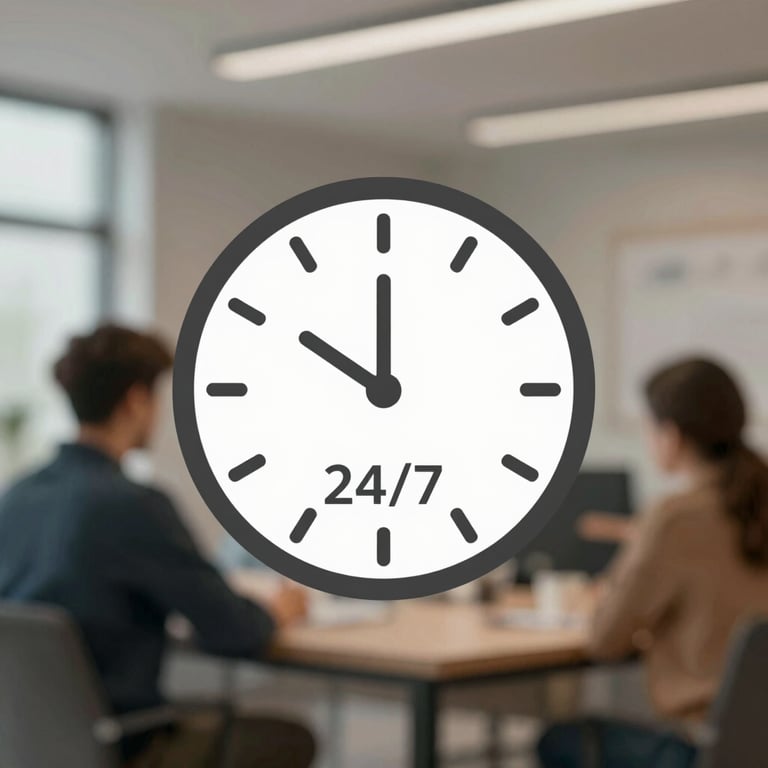 A clock icon indicating 24/7 service availability in a modern style.