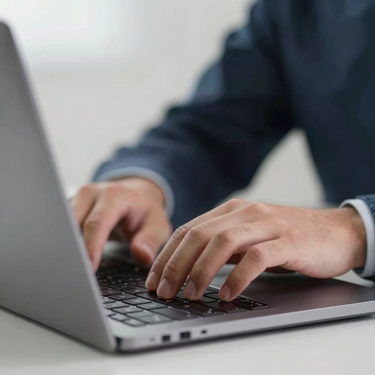 A close-up of a person typing on a clean grey laptop, professional lighting.