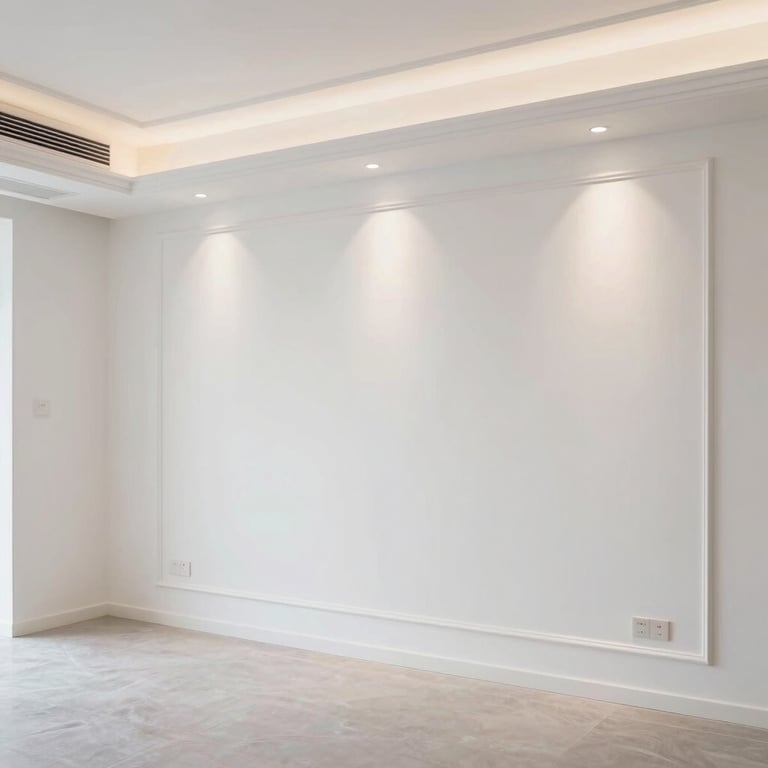 A finished white interior room with perfect wall finishing and modern lighting, showing high-end craftsmanship, clean and airy.
