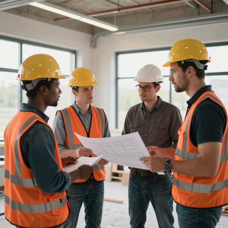 A team of builders discussing a project plan in a bright, modern office space under renovation in Noord-Holland.