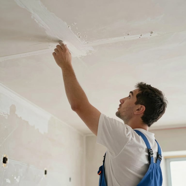 A professional worker applying plaster to a ceiling with precision, wearing clean work clothes, Dutch construction site interior.